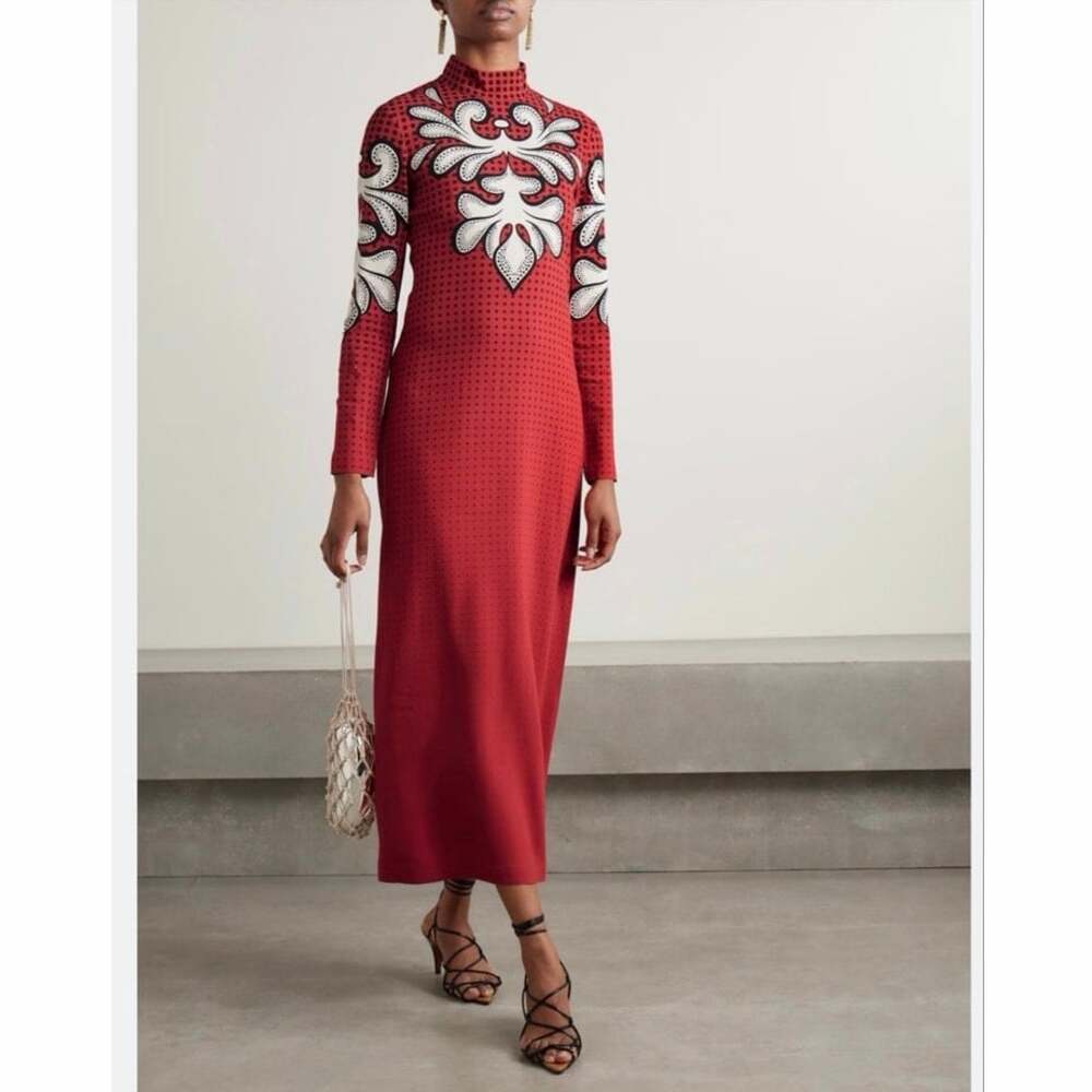 NWT La DoubleJ Icon Halle Dress Red Printed Turtleneck Maxi Midi Dress Medium